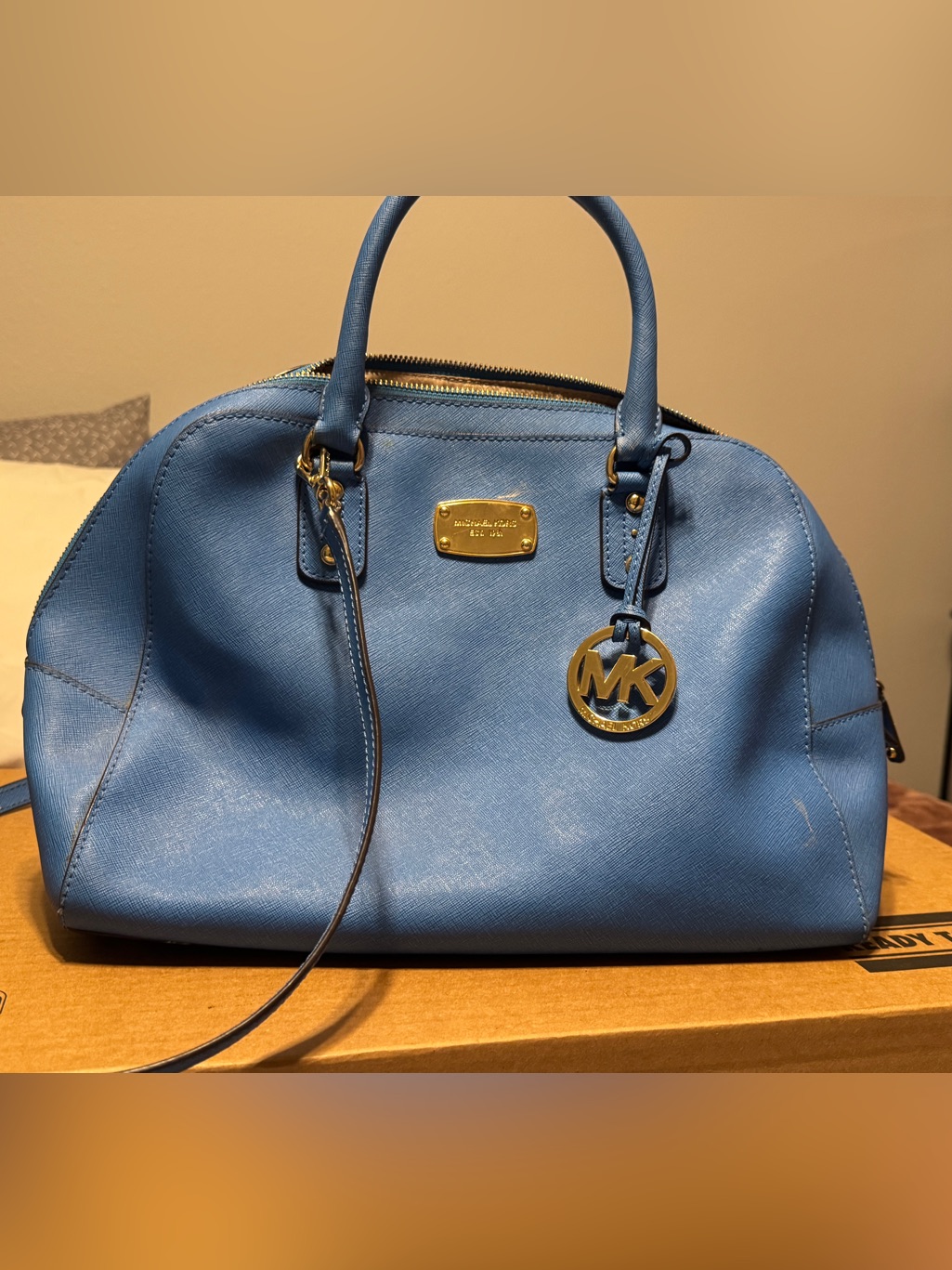 Michael Kors Light Blue Saffiano Leather Satchel With Gold Hardware